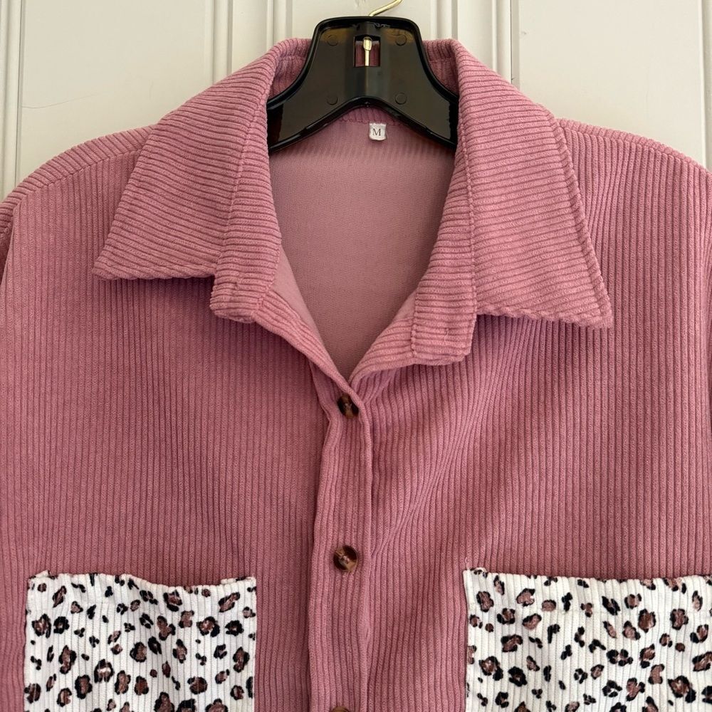 Pink Corduroy Shirt with Leopard Print Sleeves - Picture 2 of 3